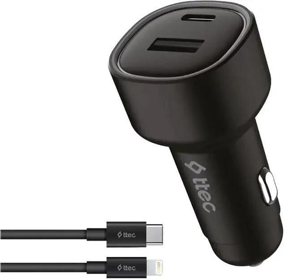 Автомобильное зарядное устройство TTEC 2CKP02LS SmartCharger Duo PD 48W Vehicle Fast Charger USB-C+USB-A с кабелем USB-C-Lightning. Цвет: черный