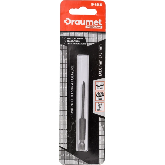 Сверло по кафелю и стеклу PREMIUM 3х75 мм, 4 режущие кромки DRAUMET 9195