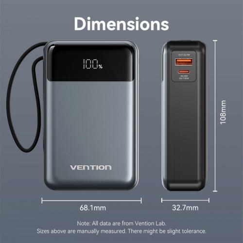 Power Bank Vention 20000mAh USB-C + USB-C/USB-A со встроенным кабелем 65W с LED Дисплеем, шт. FHYB0