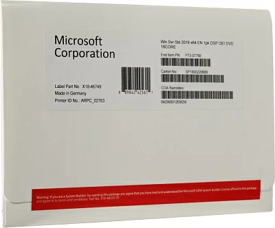 Операционная система на диске Windows Server Standard 2019 64-bit English 1pk DSP OEI DVD 16 Core лицензия с COA и носителем информации (P73-07788)