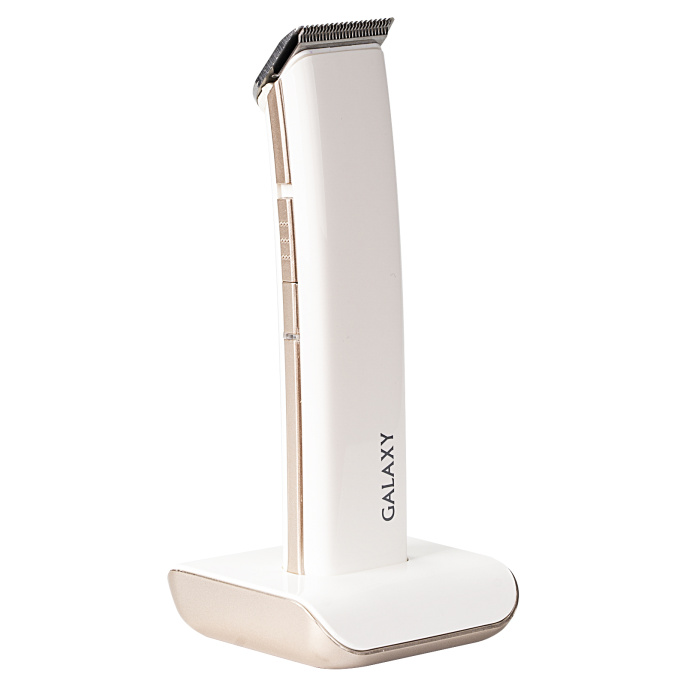 Машинка для стрижки волос Galaxy Line GL4160 Белый аккумуляторный, время непрерывной работы до 1 ч, лезвия из нержавеющей стали, ширина лезвия 35 мм 4 насадки-расчески 1, 3, 6, 9 мм , индикатор зарядки, USB зарядка, подставка