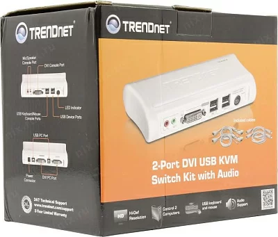 Переключатель TRENDnet TK-204UK 2-port DVI USB KVM Switch with Audio (клавиатура USB+мышь USB+DVI-I+Audio+Mic)(+2 кабеля)