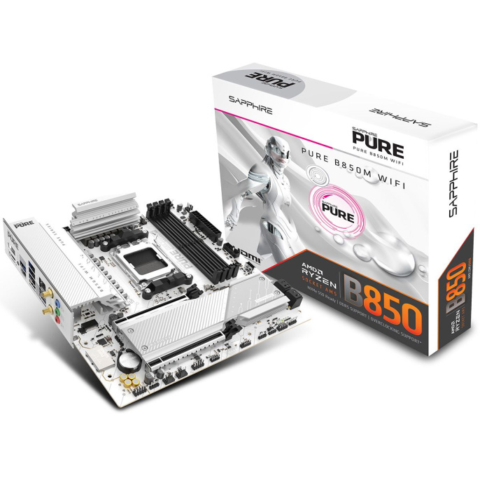 Материнская плата Sapphire B850M PURE WIFI B850, AM5, 4*DDR5, 2*PCIEx16, 2*M.2, 2*TypeC, 3*USB3.2Gen2, 2*USB3.2Gen1, 6*USB2.0, 4*SATA3.0, 2.5G, DP, HDMI, M-ATX, RTL 52123-02-40G