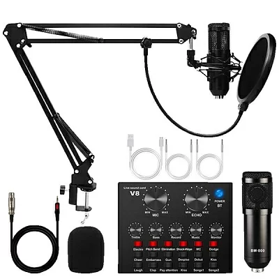 Микрофон Hiper Condenser microphone with metal body, cantilever bracket, metal shock absorber, plastic filter, microphone cover, jack - xlr 1,5m, user manual, V8 sound card