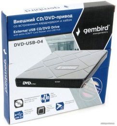 USB 3.0 Gembird DVD±RW DVD-USB-04 пластик, со встроенным кардридером и хабом черный