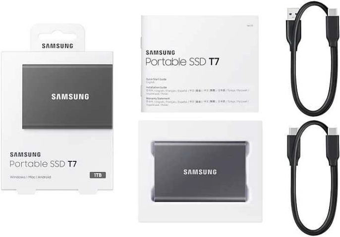 1ТБ Внешний диск SSD Samsung T7 MU-PC1T0T/WW, USB-C, запись - 1000МБ/с, чтение - 1050МБ/с, черный