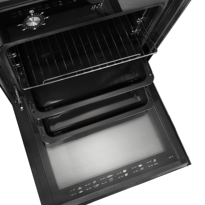 Электрический духовой шкаф Evelux Электрический духовой шкаф, 60 см, объем 65 л, механическое + сенсорное управление, LED дисплей, таймер, конвекция, 7 режимов, гриль, защита при перегреве, защита от детей, 2 стекла в дверце, цвет черный