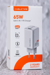 Зарядное устройство CABLETIME G65AW (CT-GAN65A-PW) GaN PD3.0 2C1A 65 Вт, белый