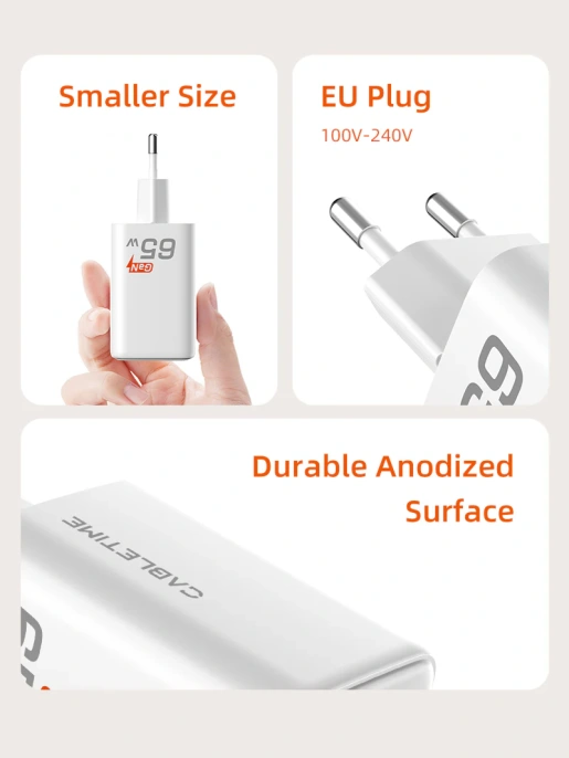 Зарядное устройство CABLETIME G65AW (CT-GAN65A-PW) GaN PD3.0 2C1A 65 Вт, белый