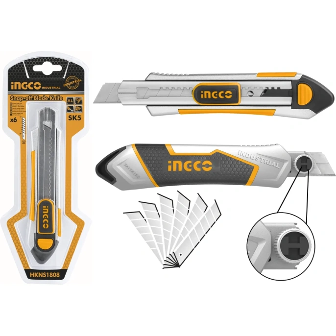 Канцелярский нож INGCO 190х100х18 мм В ком. 5 лезвий INDUSTRIAL HKNS1808