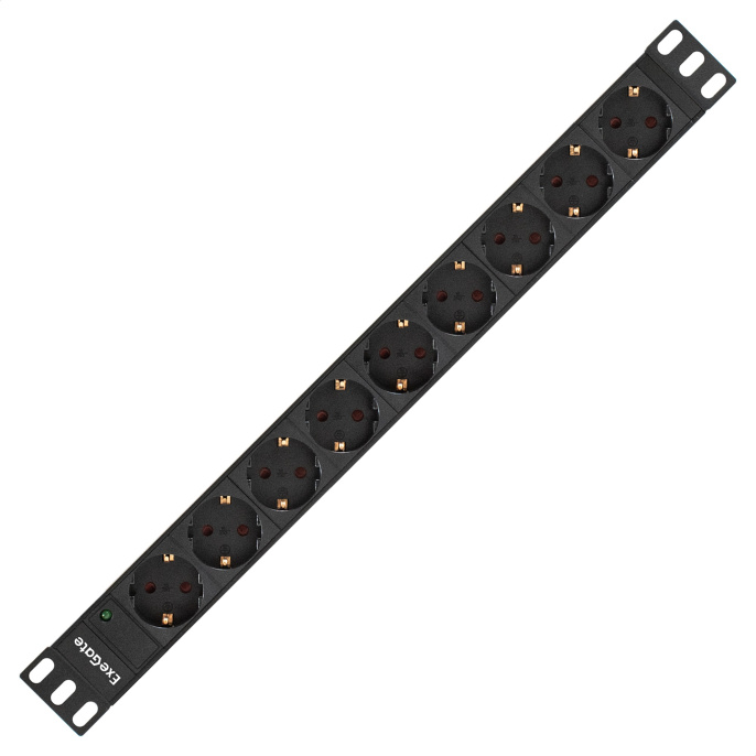 Блок розеток с разъемом подключения C14 ExeGate ServerPro PDU-19H901 Al-9S-C14 (19", 1U, Алюминий, 9*EU/Тип F(Schuko), IEC 320 C14, индикатор питания, черный, RTL) EX280847RUS