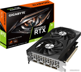 Видеокарта Gigabyte GeForce RTX 3050 Windforce OC V2 8G GV-N3050WF2OCV2-8GD 8 ГБ GDDR6, 1550 МГц / 1792 МГц, 2560sp, 20 RT-ядер, трассировка лучей, 128 бит, 2 слота, питание 8 pin, HDMI, DisplayPort