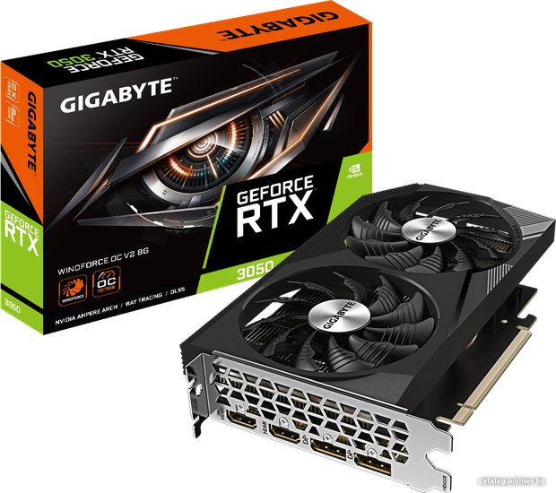 Видеокарта Gigabyte GeForce RTX 3050 Windforce OC V2 8G GV-N3050WF2OCV2-8GD 8 ГБ GDDR6, 1550 МГц / 1792 МГц, 2560sp, 20 RT-ядер, трассировка лучей, 128 бит, 2 слота, питание 8 pin, HDMI, DisplayPort