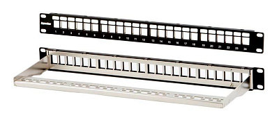 Hyperline PPBL3-19-24-SH-RM Модульная патч-панель 19", 24 порта, Flat Type, 1U, для экранированных и неэкранированных модулей KJ2(C6A), KJ5, KJE, KJNE, с задним кабельным организатором (без модулей)