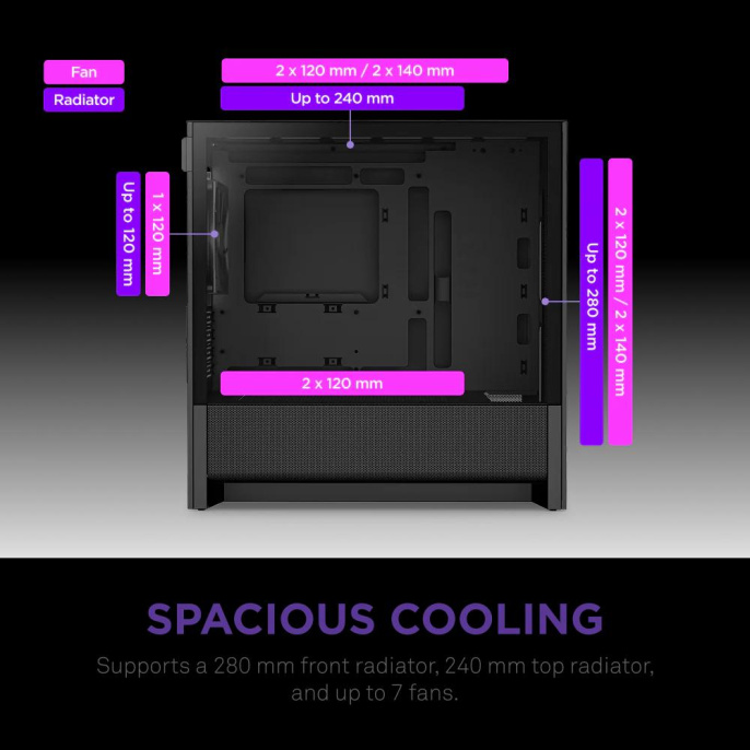 Корпус без блока питания Case NZXT H3 Flow 2025 , Midi-Tower, TG, 1x120mm, 1xUSB-A 3.2 + 1xUSB-C 3.2, mATX, mITX Black (CC-H31FB-01)