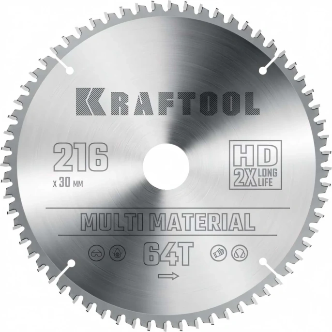 Пильный диск по алюминию KRAFTOOL Multi material 216x30 мм, 64Т 36953-216-30