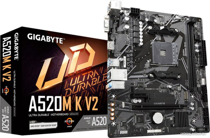 Материнская плата GigaByte A520M K V2 rev. 1.1 mATX, 23.3cmx19.8cm, AMD A520, 2xDDR4 DIMM, 5100МГц, до 64 Гб, звук 7.1, 4xSATA3.0 6Gb/s , 1xM.2, 1xPCIe3.0x16, 1xPCIe3.0x1