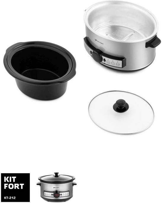 Медленноварка KITFORT КТ-212,  220Вт,   серебристый/черный