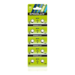 Ergolux AG10 BL-10 (AG10-BP10, LR54 /LR1130 /189 /389 батарейка для часов)(10 шт. в уп-ке)