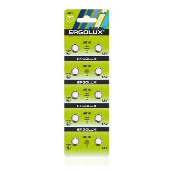 Ergolux AG10 BL-10 AG10-BP10, LR54 /LR1130 /189 /389 батарейка для часов 10 шт. в уп-ке