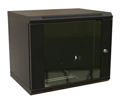 Шкаф коммутационный WRline (WR-TW-1266-GP-RAL9004) настенный 12U 600x600мм пер.дв.стекл 2 бок.пан. 60кг черный 520мм 650мм IP20 сталь