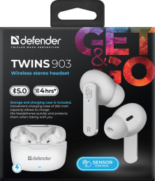 Беспроводная гарнитура Defender Twins 903 белый,TWS, Bluetooth 63903