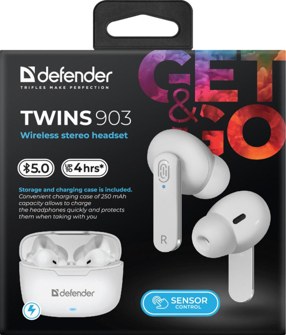 Беспроводная гарнитура Defender Twins 903 белый,TWS, Bluetooth 63903