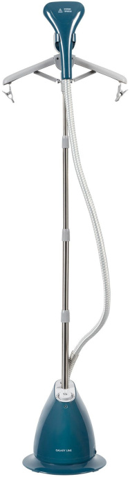 Отпариватель Galaxy Line GL6215 7060262150 напольный, 1700 Вт, резервуар: 1.4 л, готовность пара: 45 с, скорость подачи пара: 38 г/мин, телескопическая стойка, 6 режимов, автоматическое отключение, цвет: белый, синий