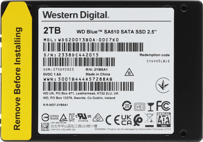 SSD накопитель WD Blue SA510 WDS200T3B0A 2ТБ, 2.5", SATA III, SATA