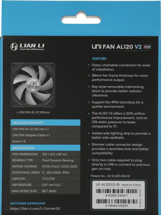 Вентилятор для корпуса Lian-Li Uni Fan ALV2 120 V2 ARGB 120х120x28 черный 4-pin 28.7дБ G99.12ALV21B.00 Ret