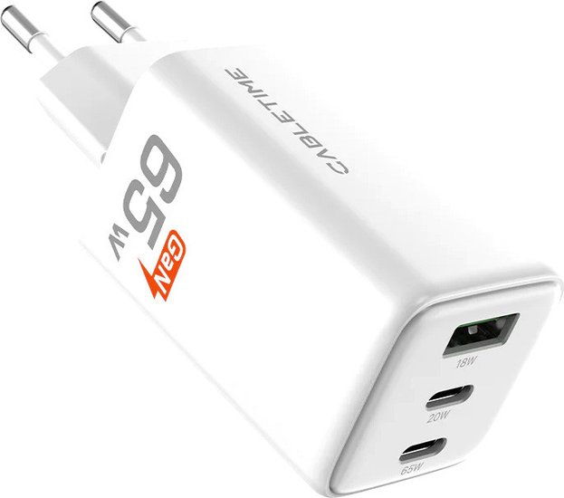 Зарядное устройство CABLETIME GA65W (CT-GAN65-PW) GaN PD3.0 2C1A 65 Вт, белый