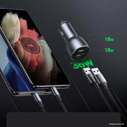 Автомобильное зарядное устройство UGREEN CD213 10144 QC 3.0+QC 3.0 Dual USB-A 36W Fast Car Charger. Цвет: темно-синий