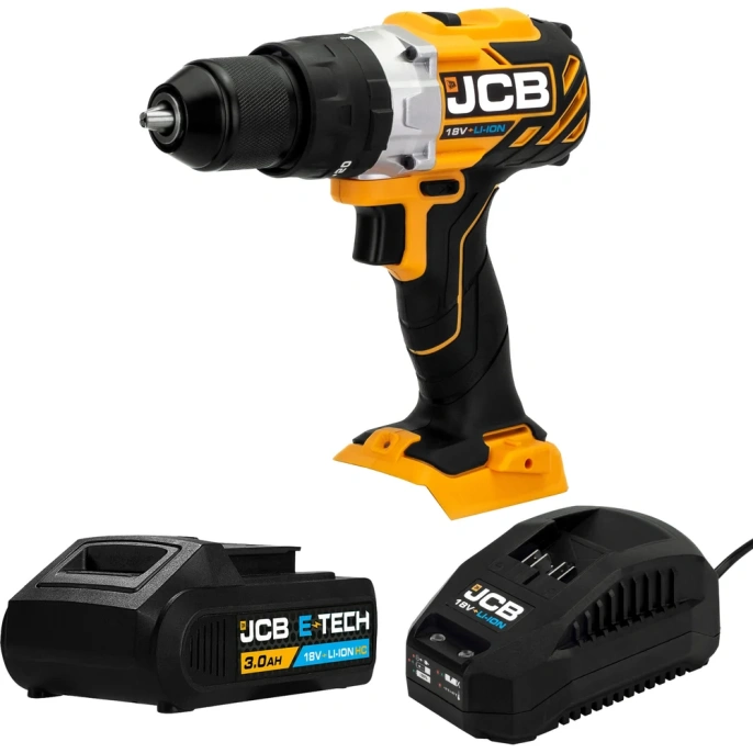 Дрель-шуруповерт JCB аккумуляторная (-18CD-B-E) 18V, max 45Nm в комплекте с зарядным устройством (-18VFC-E) 2.4A и батареей аккум(-20LI-E) 2.0AH JCB-18CD-2XB-E(57236)