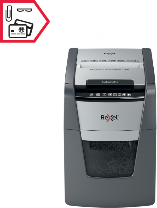 Уничтожитель бумаг Rexel Optimum AutoFeed 100M, с автоподачей, P-5, 2х15 мм, 100 лист. одновременно, 34л [2020100meu]