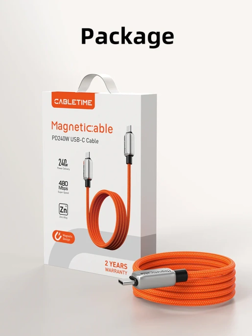 Магнитный кабель USB-C CABLETIME CU06H (CT-CM240-MZO1) 1 м, 480 Мбит/с, 5А/48В 240Вт, оранжевый, для быстрого заряда смартфонов и ноутбуков