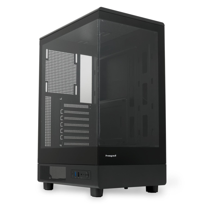 Корпус без блока питания Case HSPD F510, Panoramic Mid Tower, Black, TG, 0.5 SPCC, no fans ATX, mATX, mITX 180/280/160mm 1x2.5", 1x3.5", 7xPCI 1xUSB-A 3.0, 1xUSB-A 1.0 356x218x467mm (F510-TGBK)
