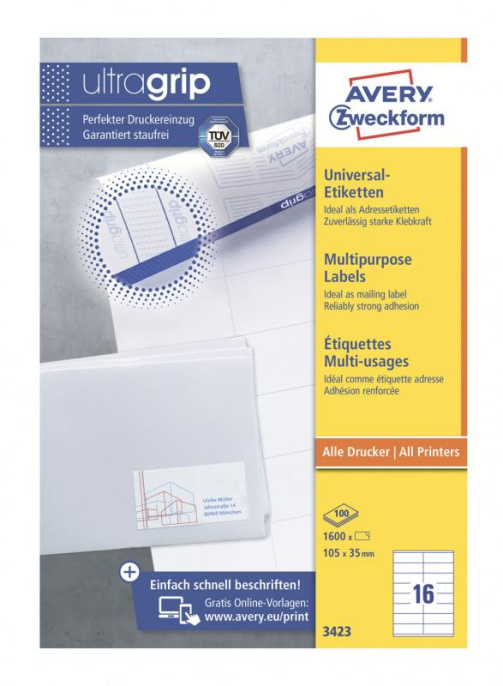 Этикетки Avery Zweckform 3423, A4, универсальная, 100л, 70г/м2, белый, 35мм х 105мм, 16шт, покрытие матовое