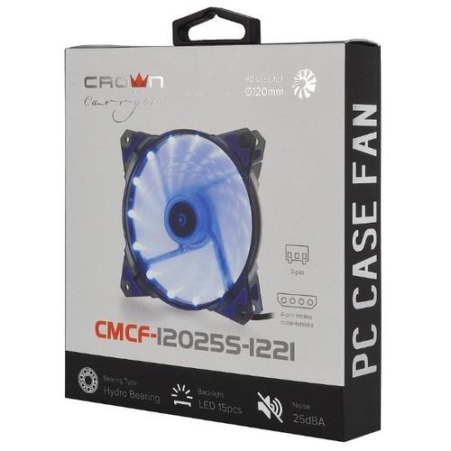 CROWN Вентилятор для компьютерного корпуса CMCF-12025S-1221 120*120*25мм;Синий 16LED;1500 об/мин;35CFM;20Дб;Подшипник скольжения;3pin+MOLEX папа-мама 40+10см