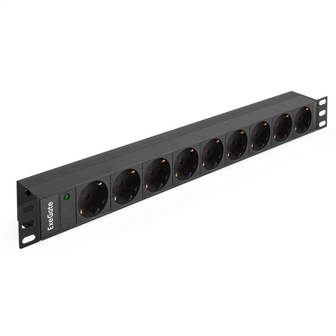 Блок розеток с разъемом подключения C20 ExeGate ServerPro PDU-19H907 Al-9S-C20 (19", 1U, Алюминий, 9*EU/Тип F(Schuko), IEC 320 C20, индикатор питания, черный, RTL) EX280853RUS