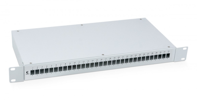Cabeus FO-19-32SC Кросс бокс оптический 19" на 32 SC (LC duplex) со сплайс-кассетой и КДЗС (без пигтейлов и проходных адаптеров)
