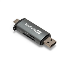 Устройство чтения/записи карт памяти ExeGate CR-201CA компактный картридер USB Type-A + Type-C -- Card Reader, поддержка стандартов: SD/SDHC/MMCII/RS MMC, Micro SD/ Micro SDHC/Micro SDXC, Plug&Play, серый EX297630RUS