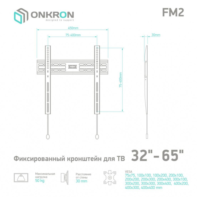 Кронштейн для телевизора Onkron FM2 черный 32"-65" макс.50кг настенный фиксированный