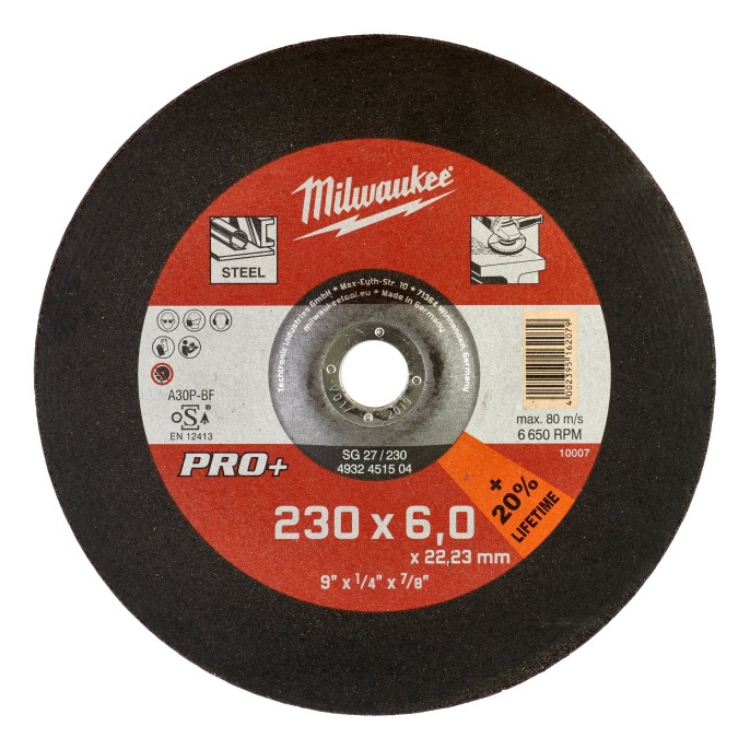 Шлифовальный диск Milwaukee SG 27 230x6 PRO+ 4932451504 обрабатываемый материал: металл, посадочный диаметр: 22.2мм, установка: на фланец