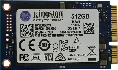 Твердотельный накопитель Kingston. Kingston SSD KC600, 512GB, mSATA, SATA3, 3D TLC, R/W 550/520MB/s, IOPs 90 000/80 000, TBW 300, DWPD 0.32 (5 лет)