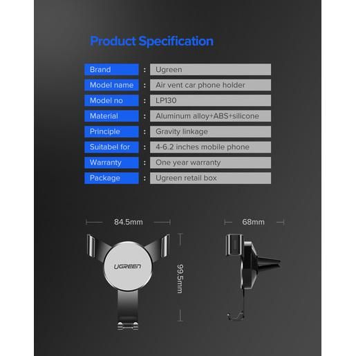 Подставка-держатель UGREEN LP130 (40907) Gravity Drive Air Vent Mount Phone Holder на ветиляционную решетку автомобиля . Цвет: черный