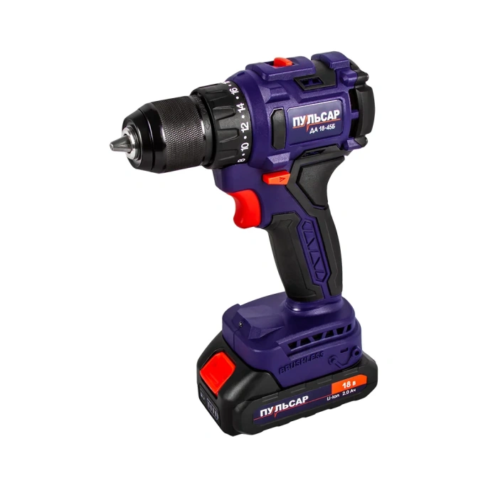 Аккумуляторная безударная дрель ПУЛЬСАР ДА 18-45Б 18 В, 45 Hm, Li-on, BL-мотор, 2,0 Ah, 2 аккумулятора, кейс 916-974