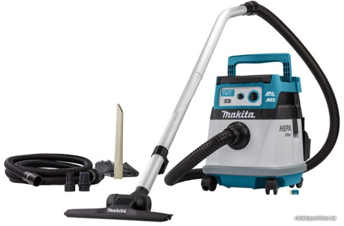 Пылесос Makita DVC867LZX4 (строительный, аккумулятор, регулировка мощности, сухая уборка, объем пылесборника: 8 л, мощность всасывания: 138.028 Вт /9.8 кПа, фильтр тонкой очистки)