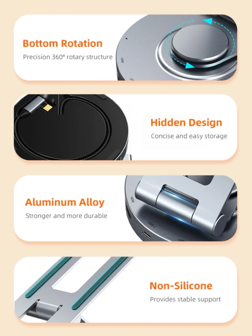 Док-станция для телефона/планшета USB CABLETIME CB02G (CT-HUBC8-AG) 8-в-1, алюминиевый USB-хаб с 360° подставкой для iPad Pro и ноутбука