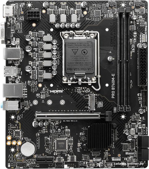 Материнская плата MSI Pro B760M-E mATX, сокет Intel LGA1700, чипсет Intel B760, память 2xDDR5, слоты: 1xPCIe x16 4.0, 1xM.2