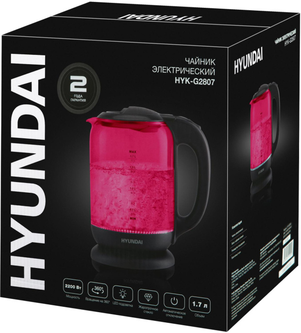 Чайник электрический Hyundai HYK-G4808 1.7л. 2200Вт малиновый/черный корпус: стекло